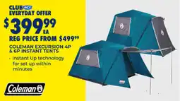 BCF Coleman excursion 4p & 6p instant tents offer