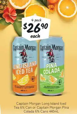 Cellarbrations Captain morgan long island iced tea 6% can or captain morgan pina colada 6% cans offer