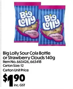 Campbells Wholesale Big lolly sour cola bottle or strawberry clouds offer
