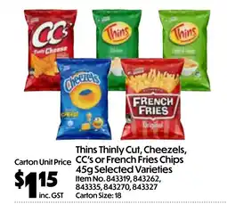 Campbells Wholesale Thins thinly cut, cheezels, cc's or french fries chips offer