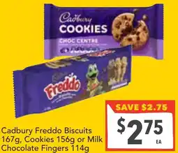 Supa Valu Cadbury Freddo Biscuits , Cookies or Milk Chocolate Fingers offer