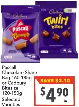 Supa Valu Pascall chocolate share bag or cadbury bitesize offer