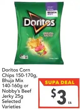 Supa Valu Doritos corn chips , bhuja mix or nobby's beef jerky offer