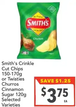 Supa Valu Smith's crinkle cut chips or twisties churros cinnamon sugar offer