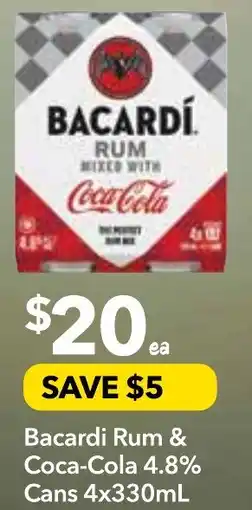 Supa Valu Bacardi rum & coca-cola 4.8% cans offer