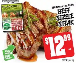 Farmer Jack's Wa grass fed beef sizzle steak offer