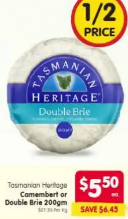 Spar Tasmanian heritage camembert or double brie offer