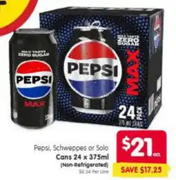 Spar Pepsi, schweppes or solo cans offer