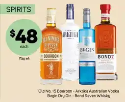 Foodland Old no. 15 bourbon - arktika australian vodka begin dry gin - bond seven whisky offer
