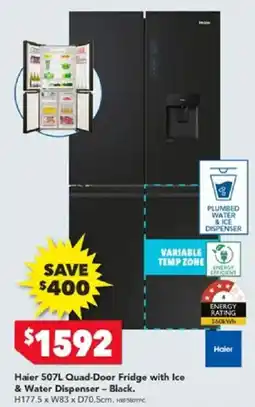 Harvey Norman Haier quad-door fridge with ice & water dispenser black offer
