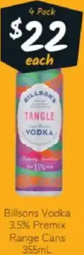 Cellarbrations Billsons vodka 3.5% premix range cans offer