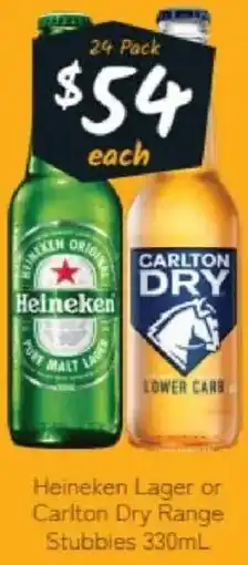 Cellarbrations Heineken lager or carlton dry range stubbies offer