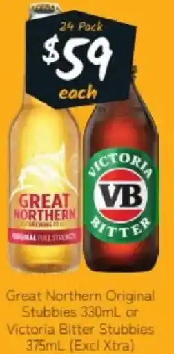 Cellarbrations Great northern original stubbies or victoria bitter stubbies offer