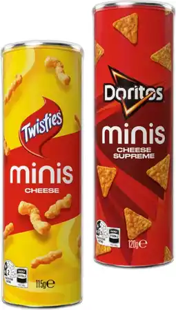 IGA Twisties Cheese Minis Canister 115g or Doritos Cheese Supreme Corn Chips Minis Canister 120g offer