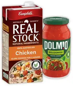 IGA Dolmio Pasta Sauce 490‑500g or Campbell’s Real Stock 1 Litre Selected Varieties offer