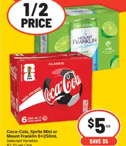 IGA Coca-Cola, Sprite Mini or Mount Franklin 6x250mL Selected Varieties offer