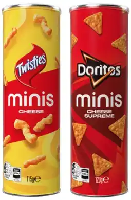 IGA Twisties Cheese Minis 115g or Doritos Cheese Supreme Corn Chips Minis Canister 120g offer