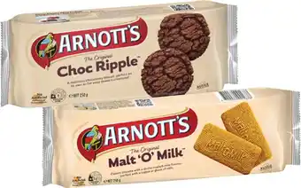 Coles Arnott's Choc Ripple or Malt 'O' Milk Biscuits 250g offer