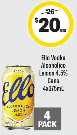 Coles Ello vodka alcoholico lemon 4.5% cans offer