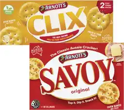 Coles Arnott's Savoy or Clix Crackers 225g-250g offer