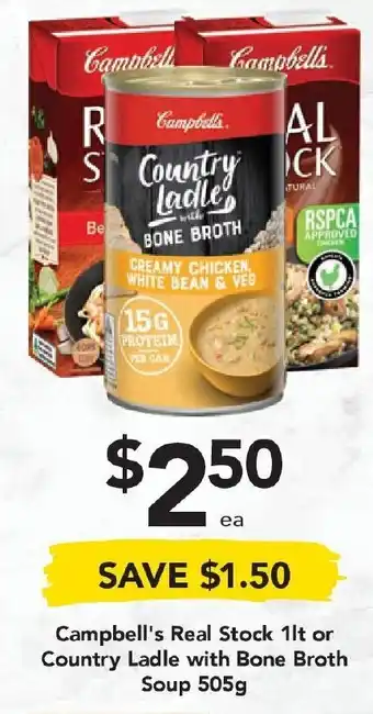 Drakes Campbell's Real Stock 1lt or Country Ladle with Bone Broth Soup 505g offer