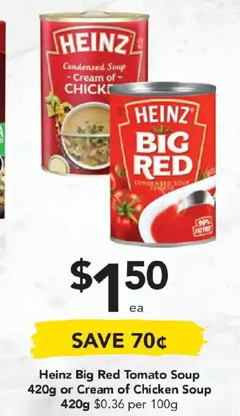 Drakes Heinz Big Red Tomato Soup 420g or Cream of Chicken Soup 420g offer