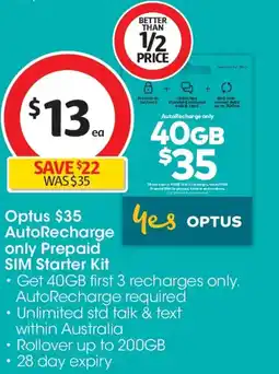 Coles Optus autorecharge only prepaid sim starter kit offer