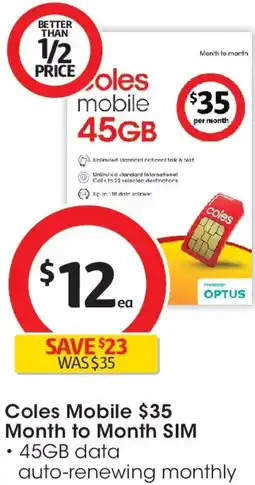 Coles Coles mobile month to month sim offer
