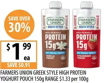 Supabarn Farmers union greek style high protein yoghurt pouch offer