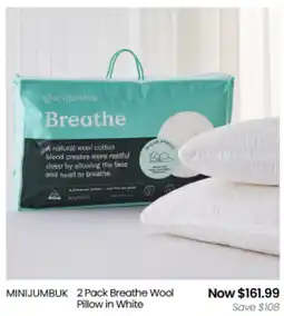 Myer MINIJUMBUK 2 Pack Breathe Wool Pillow in White offer