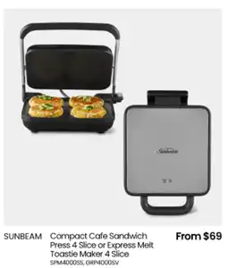 Myer SUNBEAM Compact Cafe Sandwich Press or Express Melt Toastie Maker offer