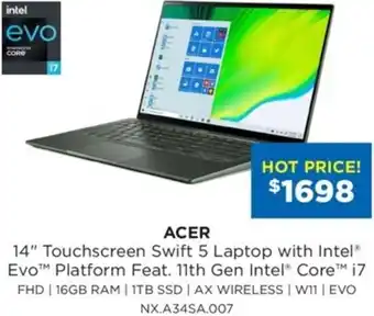 Bing Lee Acer 14" Touchscreen Swift 5 Laptop With Intel Evo Platform NX.A34SA.007 offer