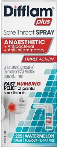 Pharmacist Advice Difflam Plus Sore Throat Spray Watermelon Flavour 225 Sprays offer