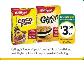 Foodworks Kellogg's Coco Pops, Crunchy Nut Cornflakes, Just Right or Froot Loops Cereal offer