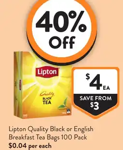 Foodworks Lipton Quality Black or English Breakfast Tea Bags offer