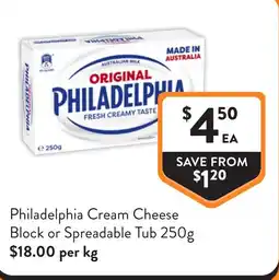 Foodworks Philadelphia Cream Cheese Block or Spreadable Tub offer