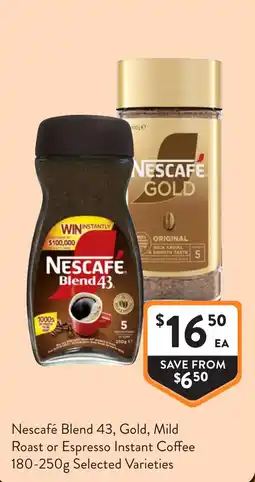 Foodworks Nescafé Blend 43, Gold, Mild Roast or Espresso Instant Coffee offer