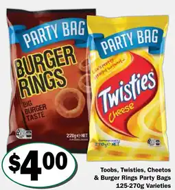 Friendly Grocer Toobs, Twisties, Cheetos & Burger Rings Party Bags offer