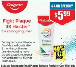 Chemist Warehouse Colgate Toothpaste Total Plaque Release Reviving Cool Mint offer