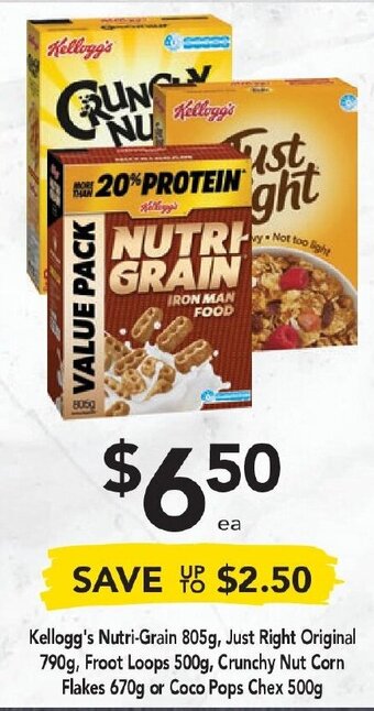 Drakes Kellogg's Nutri-Grain 805g, Just Right Original 790g, Froot Loops 500g, Crunchy Nut Corn Flakes 670g or Coco Pops Chex 500g offer