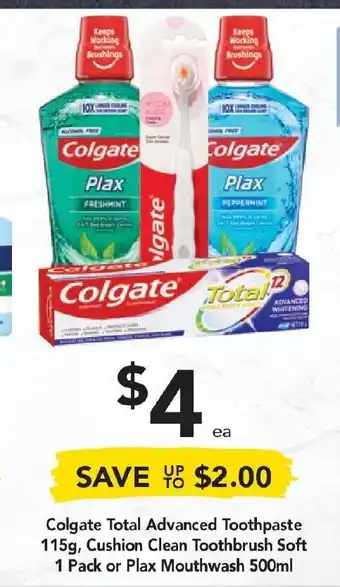 Drakes Colgate Total Advance Toothpaste 115g, Cushion Clean Toothbrush Soft 1 Pack or Plax Mouthwash 500ml offer