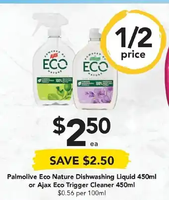 Drakes Palmolive Eco Nature Dishwashing Liquid 450ml or Ajax Eco Trigger Cleaner 450ml offer