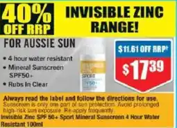 Chemist Warehouse Invisible Zinc SPF 50+ Sport Mineral Sunscreen 4 Hour Water Resistant offer