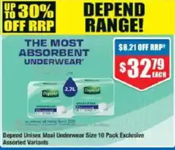 Chemist Warehouse Depend Unisex Maxi Underwear Size 10 Pack Exclusive Assorted Variants offer