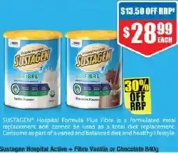 Chemist Warehouse Sustagen Hospital Active+Fibre Vanilla or Chocolate offer