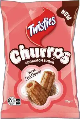 IGA Twisties Cinnamon Sugar Churros 120g or Double Crunch Chips 150g Selected Varieties offer