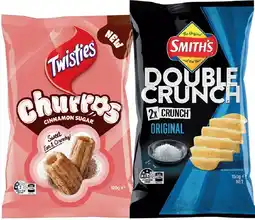 IGA Twisties Churros Cinnamon Sugar 120g or Smith’s Double Crunch Chips 150g Selected Varieties offer