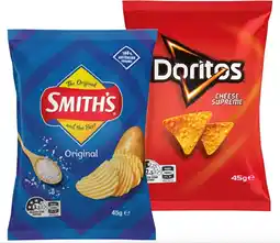 IGA Smith’s Crinkle Cut Chips, Doritos Corn Chips or Twisties 45g Selected Varieties offer