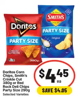 IGA Doritos Corn Chips, Smith's Crinkle Cut or Red Rock Deli Chips Party Size offer