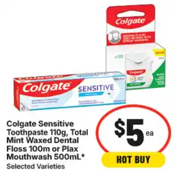 IGA Colgate Sensitive Toothpaste, Total Mint Waxed Dental Floss or Plax Mouthwash offer